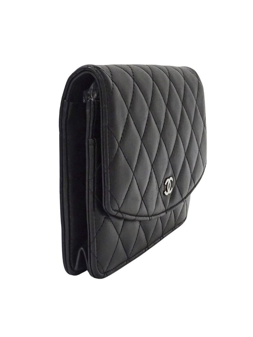 Chanel Quilted Clutch Wallet Lambskin Black Silver - Picture 4 of 15